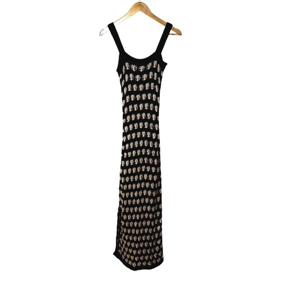 Boutique Crochet Knit Maxi Dress Black Ivory Y2k Resort Slit Sirencore Boho Sz S - Picture 4 of 7